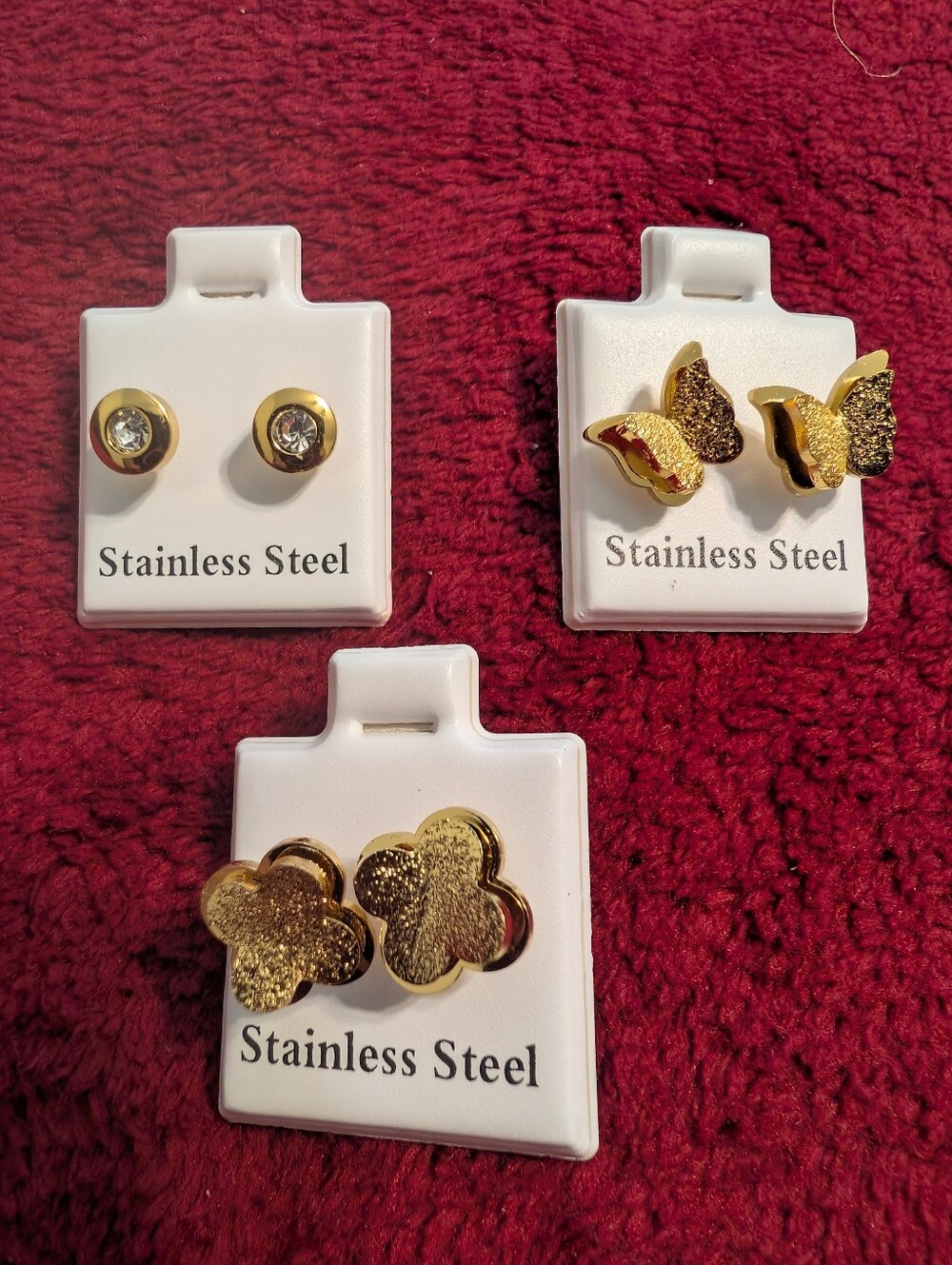 3 Pair Gold Stainless Steel Stud Earrings Set| Sparkle Round, Butterfly & Clover